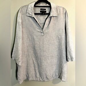 TAHARI Womens Tunic Top Blue 3/4 Sleeve Collar 100% Linen Blouse Plus SZ/1x